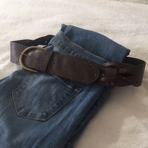 Vntg BoHo Leather Belt with Brass Buckle - 47”
